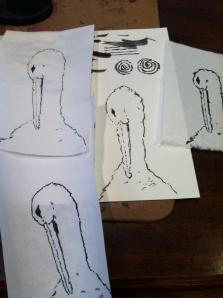 Before photos, of etegami with just the sumi lines, plus my practice drawings labontegami.com