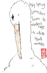stork etegami, lazy spring slouches from its winter's nest, a white stork awaits. labontegami.com